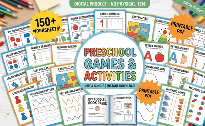 Toddler Preschool Learning Worksheets Mega Bundle, Alphabet Tracing, Math Puzzles (Digital Print)