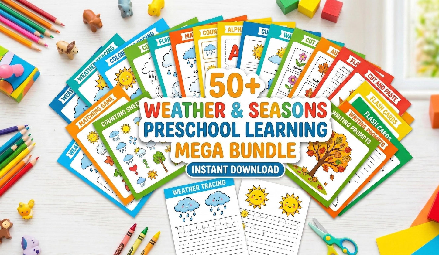 Preschool Weather Learning Pages, Seasons Activities, Tracing, Counting (Digital Download)
