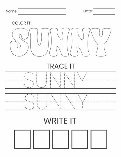 Preschool Weather Learning Pages, Seasons Activities, Tracing, Counting (Digital Download)