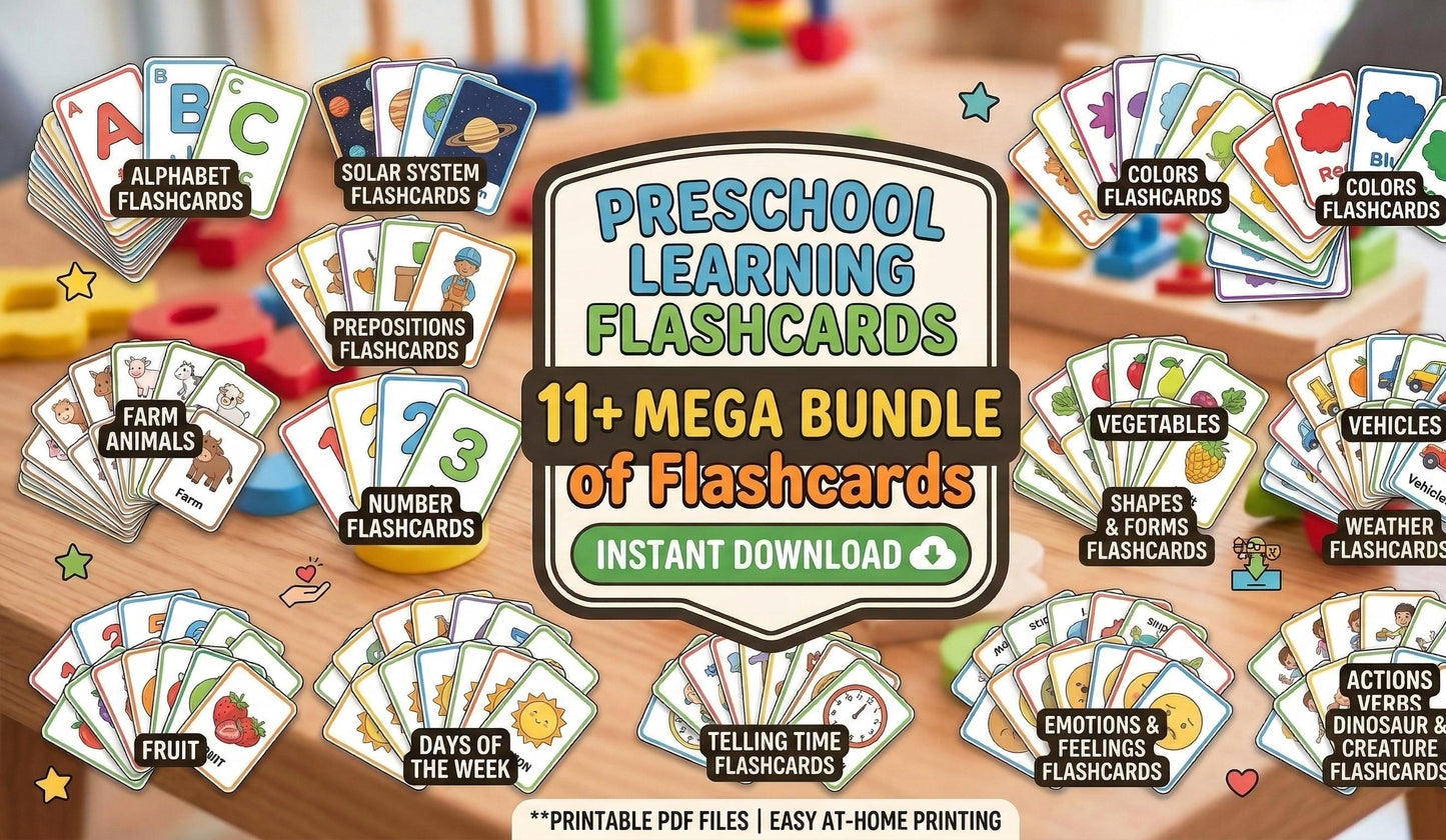 Toddler Learning Flashcards Bundle, Alphabet, Numbers, Shapes, Animals (Digital Download)