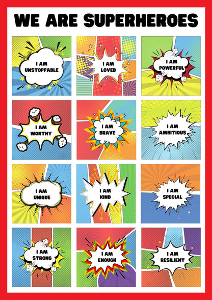 Superhero Affirmations Wall Art, Kids Growth Mindset Poster, Comic Style Print (Digital Download)