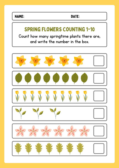 Spring Flowers Counting Worksheet, Preschool Math Activity (Digital Download)