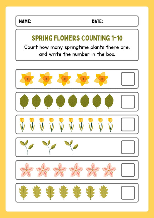 Spring Flowers Counting Worksheet, Preschool Math Activity (Digital Download)