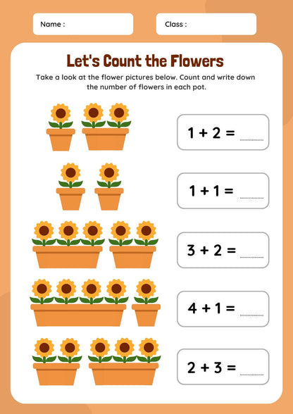 Sunflower Addition Math Worksheet, Preschool Kindergarten Counting Flowers (Digital Download)
