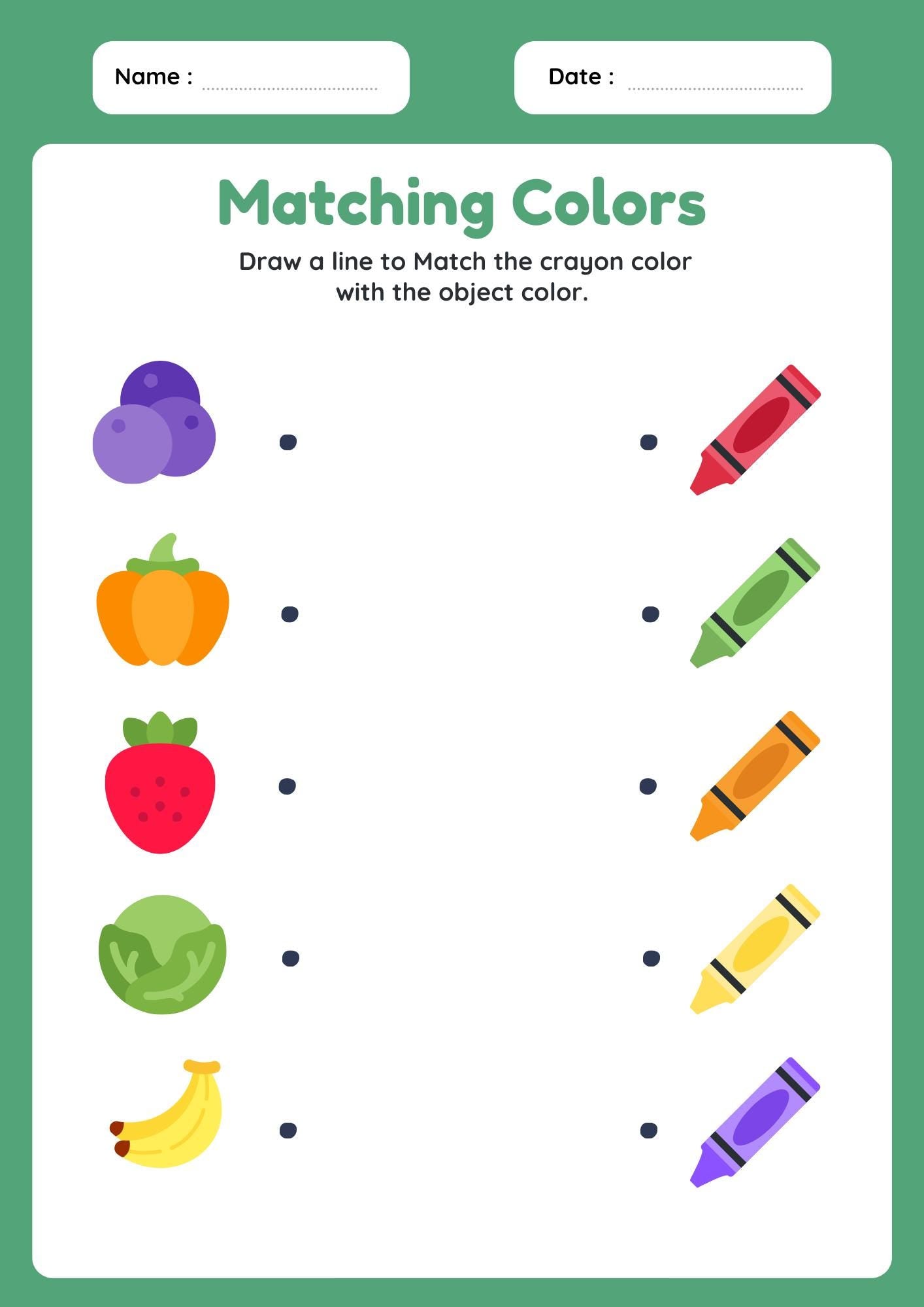 Fruit Vegetable Color Matching Worksheet, Preschool Learning Activity (Digital Download)