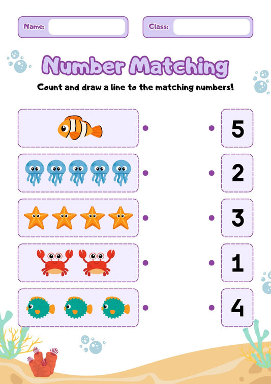 Preschool Number Matching Worksheets, Animal Vocabulary, Sight Word Reading (Digital Download)
