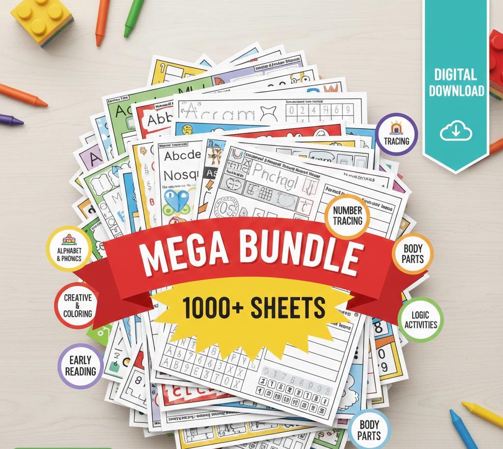 Preschool Curriculum Mega Bundle, 1000+ Worksheets, Lesson Plans (Digital Download)