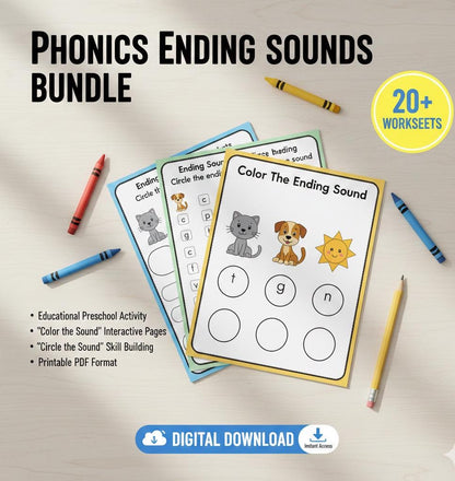 Ending Sounds Phonics Worksheets, Preschool Kindergarten Activity (Digital Download)