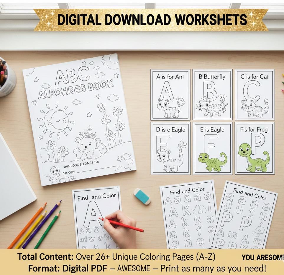 Alphabet Coloring Book, Letter Recognition Worksheets (Digital Download)