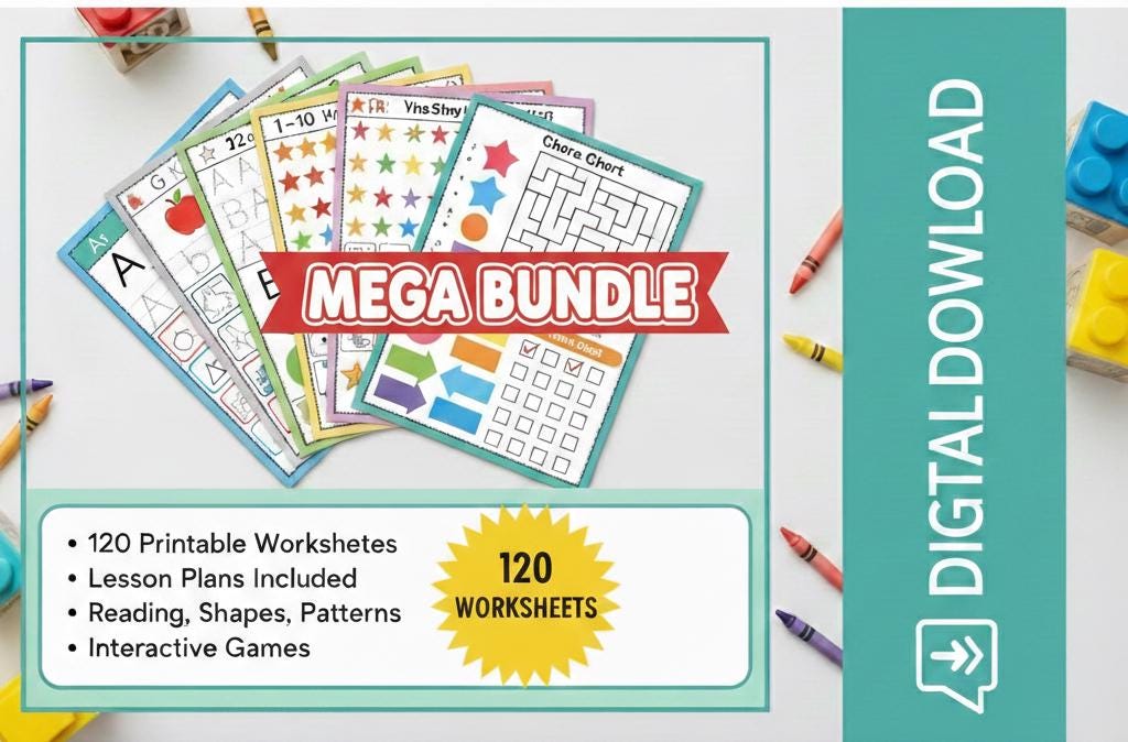 Preschool Curriculum, 120 Worksheets Mega Bundle, Lesson Plans (Digital Download PDF)