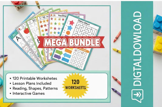 Preschool Curriculum, 120 Worksheets Mega Bundle, Lesson Plans (Digital Download PDF)