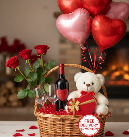 Valentine's Day Gift Basket: 3 Red Roses, Wine Bottle, 2 Glasses, Chocolate Box, Soft Toy & Balloon Bouquet - Romantic Delivery Edmonton