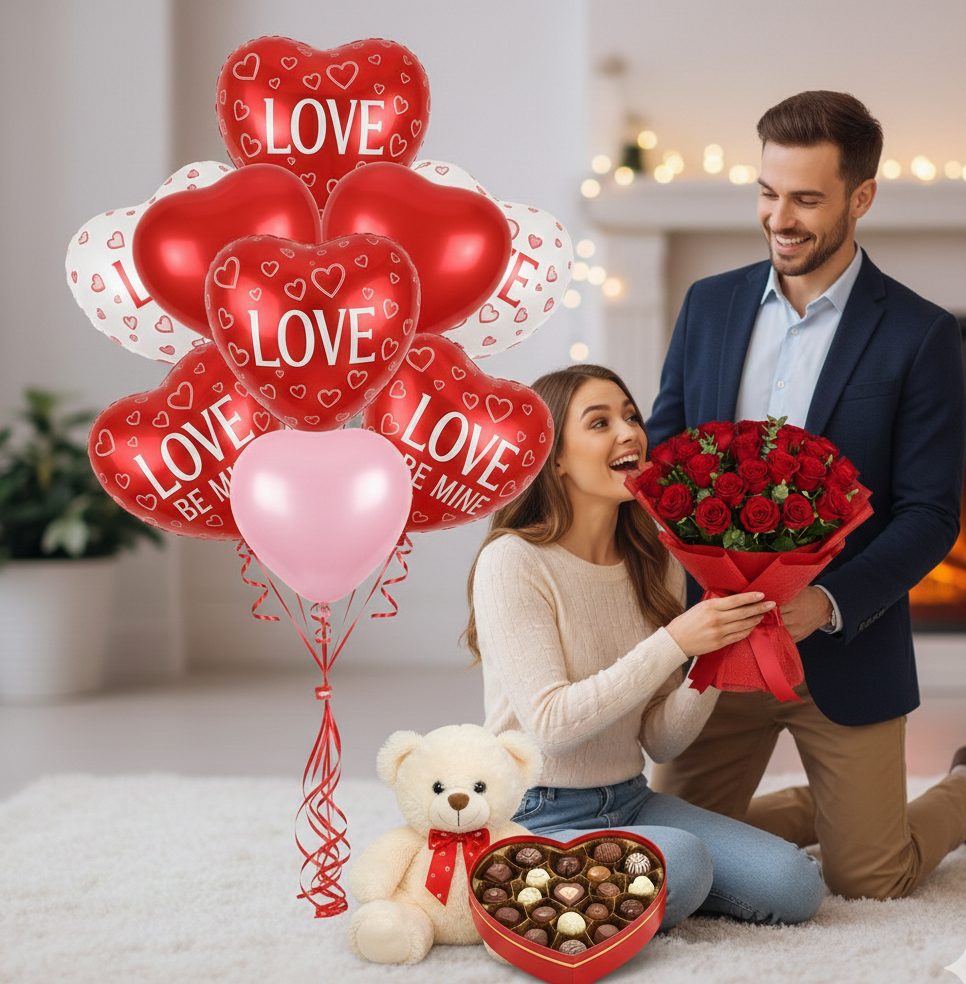 Valentine’s Day Ultimate Romance Bundle: Rose & Balloon Bouquet with Teddy Bear & Chocolates – Plus Free Edmonton Delivery!