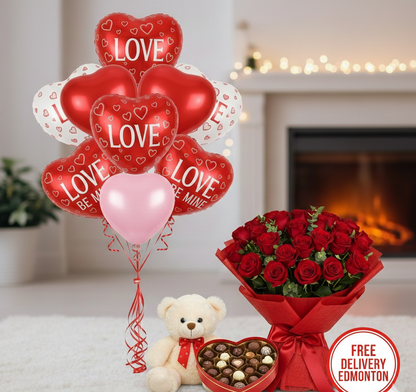 Valentine’s Day Ultimate Romance Bundle: Rose & Balloon Bouquet with Teddy Bear & Chocolates – Plus Free Edmonton Delivery!