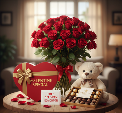 Valentine’s Day Elegance: Luxury Rose, Chocolate & Teddy Gift Box – Free Edmonton Delivery