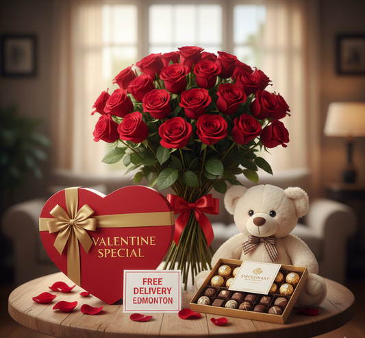 Valentine’s Day Elegance: Luxury Rose, Chocolate & Teddy Gift Box – Free Edmonton Delivery