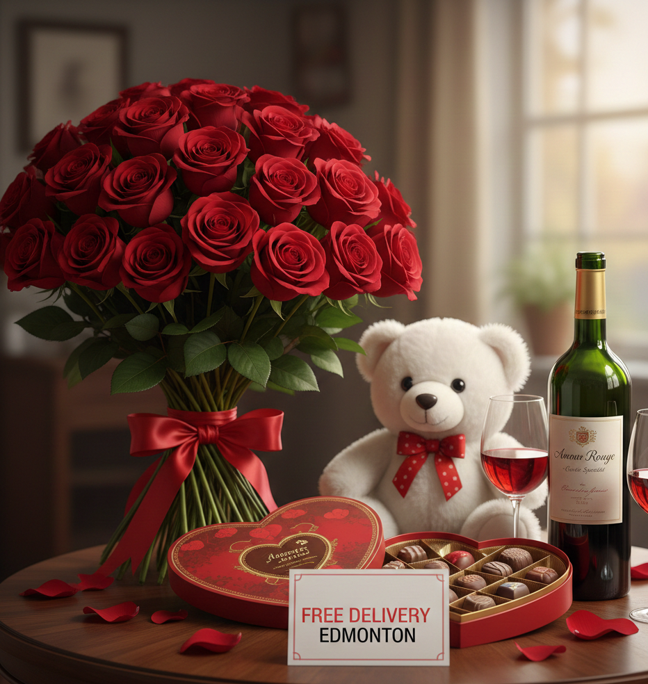 Valentine’s Day Elegance: Luxury Rose, Wine & Chocolate Gift Set | Free Edmonton Delivery