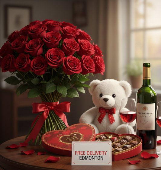 Valentine’s Day Elegance: Luxury Rose, Wine & Chocolate Gift Set | Free Edmonton Delivery