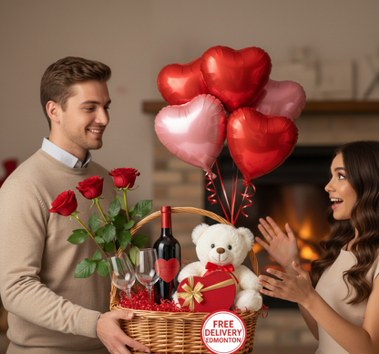 Valentine's Day Gift Basket: 3 Red Roses, Wine Bottle, 2 Glasses, Chocolate Box, Soft Toy & Balloon Bouquet - Romantic Delivery Edmonton
