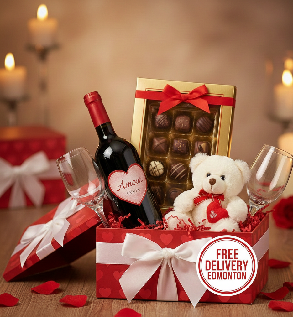 Luxury Valentine’s Day Gift Basket with Wine, 2 Glasses, Teddy Bear & Chocolates - Romantic Anniversary Set - Free Delivery within Edmonton
