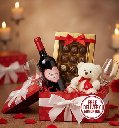 Luxury Valentine’s Day Gift Basket with Wine, 2 Glasses, Teddy Bear & Chocolates - Romantic Anniversary Set - Free Delivery within Edmonton