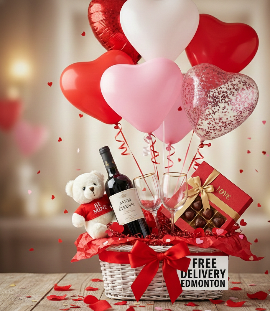 Valentine’s Day Wine & Chocolate Gift Basket with Teddy Bear & Balloon Bouquet - Romantic Date Night Box - Free Delivery within Edmonton