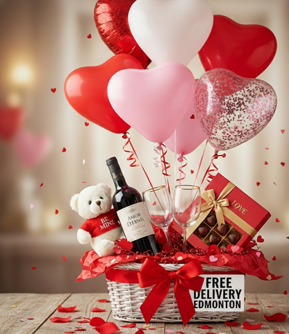 Valentine’s Day Wine & Chocolate Gift Basket with Teddy Bear & Balloon Bouquet - Romantic Date Night Box - Free Delivery within Edmonton