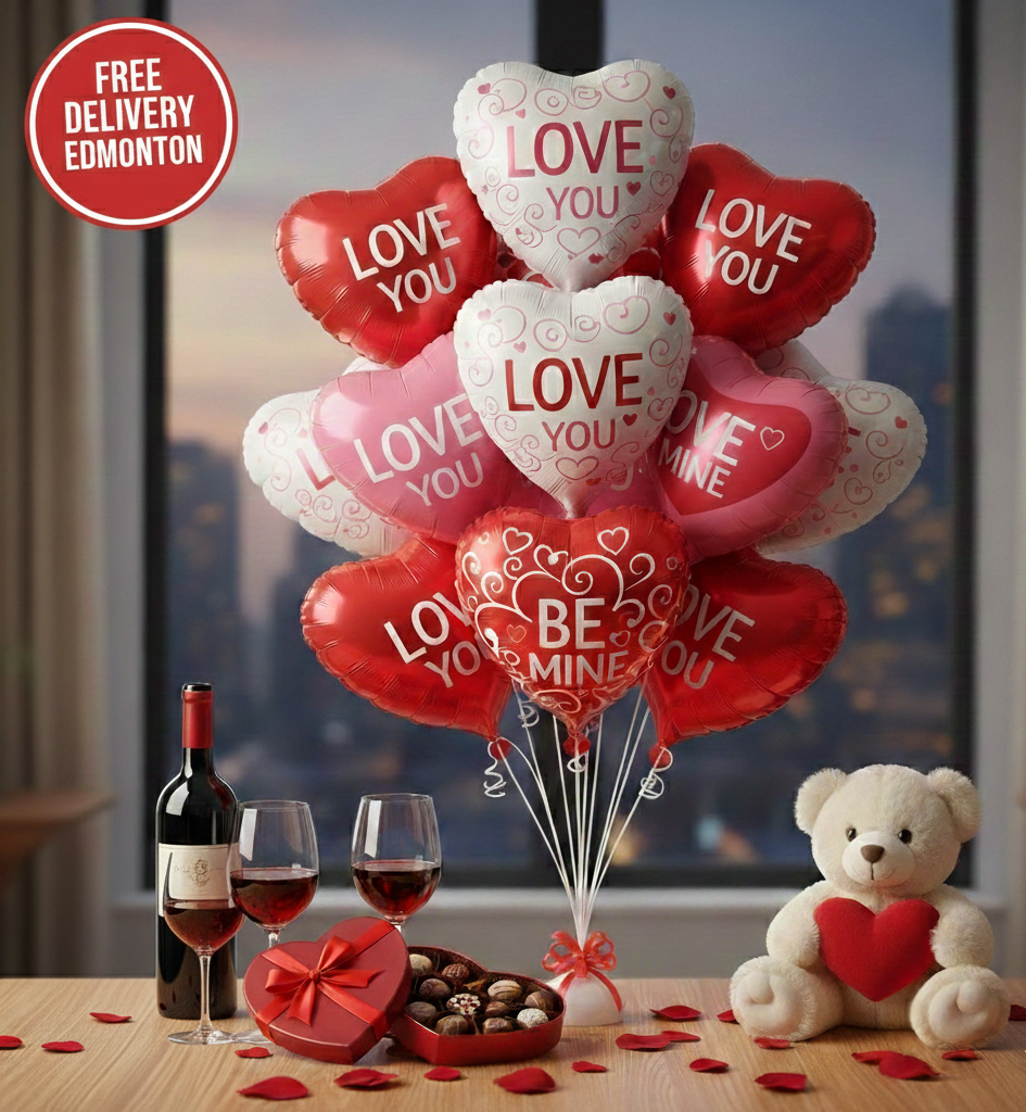Valentine's Luxury Date Night Gift Basket: Wine & Chocolate Set with Custom Balloon Bouquet, Teddy Bear, & Two Glasses - Perfect Romantic Gift