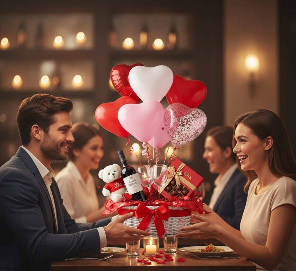 Valentine’s Day Wine & Chocolate Gift Basket with Teddy Bear & Balloon Bouquet - Romantic Date Night Box - Free Delivery within Edmonton